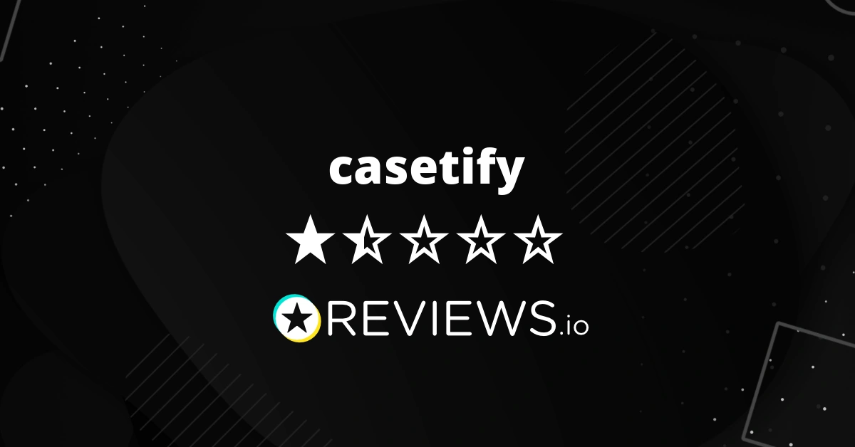 Casetify has a one-star rating displayed with Reviews.io on a black background with abstract patterns.