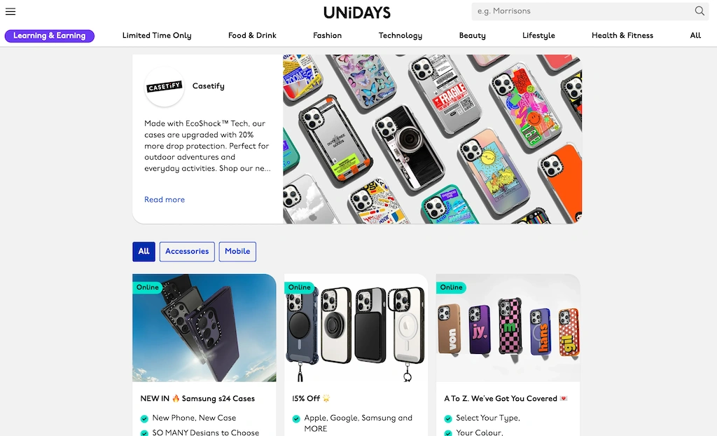 Casetify promo on UNiDAYS website offering 20% off phone cases with various colorful designs for December 2025.