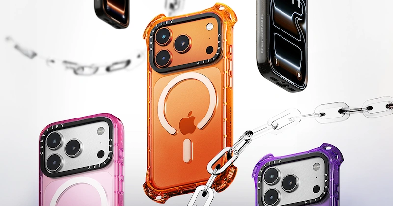 Various iPhones with colorful transparent CASETiFY protective cases floating against a white background with a chain, highlighting durability and style.