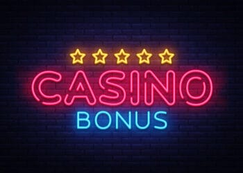 Casino Bonus Neon Text Vector. Bonus neon sign, design template, modern trend design, casino neon signboard, night bright advertising, light banner, light art. Vector illustration.