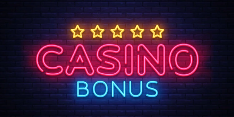 Casino Bonus Neon Text Vector. Bonus neon sign, design template, modern trend design, casino neon signboard, night bright advertising, light banner, light art. Vector illustration.