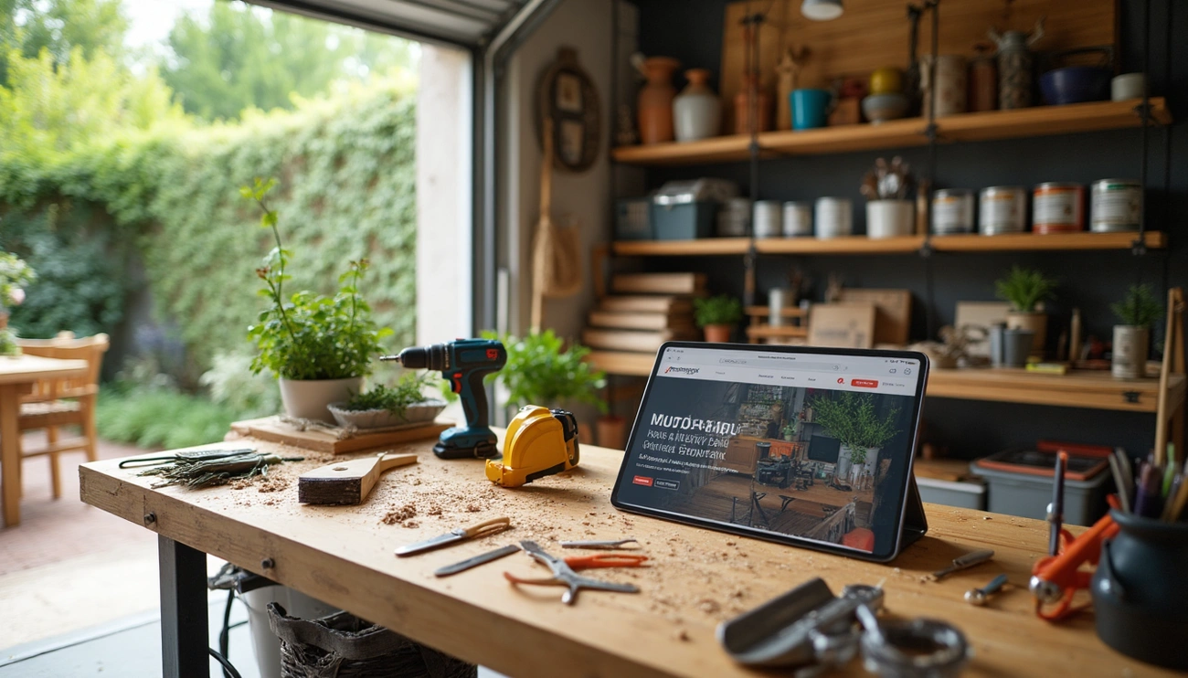 Workshop table with woodworking tools and a tablet displaying a DIY website in a bright, organized workspace.