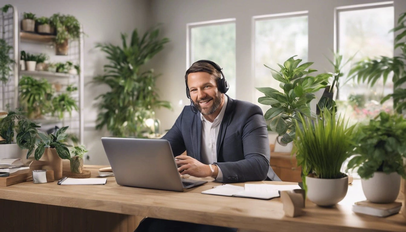 Customer service representative wearing headset working on laptop in a plant-filled office space.