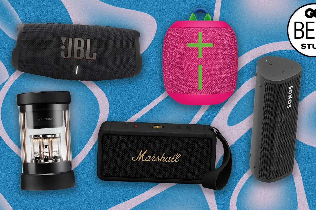 Six diverse Bluetooth speakers from brands like JBL, Marshall, Sonos, and Ultimate Ears displayed on a blue background.