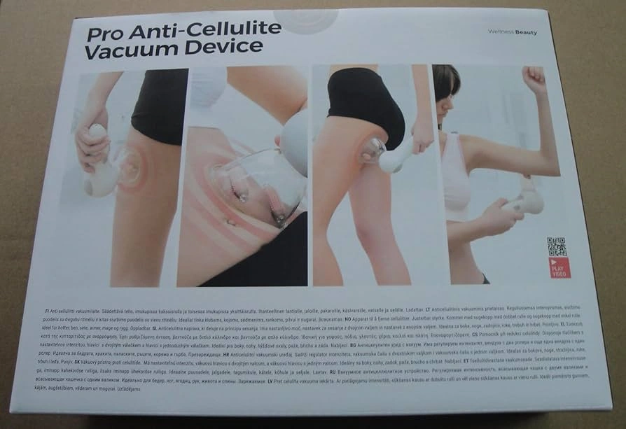 Pro Anti-Cellulite Vacuum Device shown being used on thigh, abdomen, and arm to reduce cellulite and improve skin appearance.