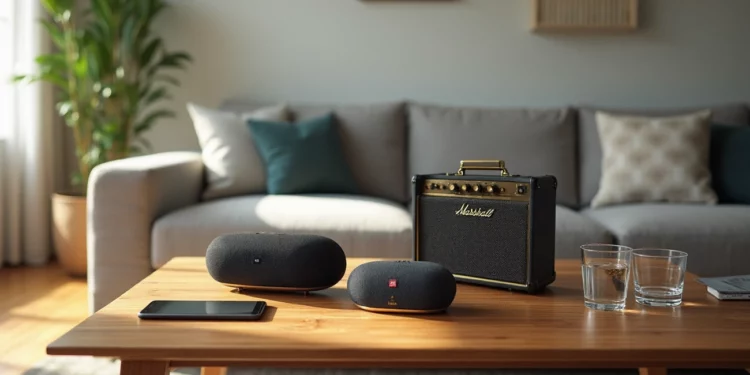 Modern living room with two black Meilleure Enceinte Bluetooth, a Marshall amplifier, smartphone, and glasses on a wooden coffee table