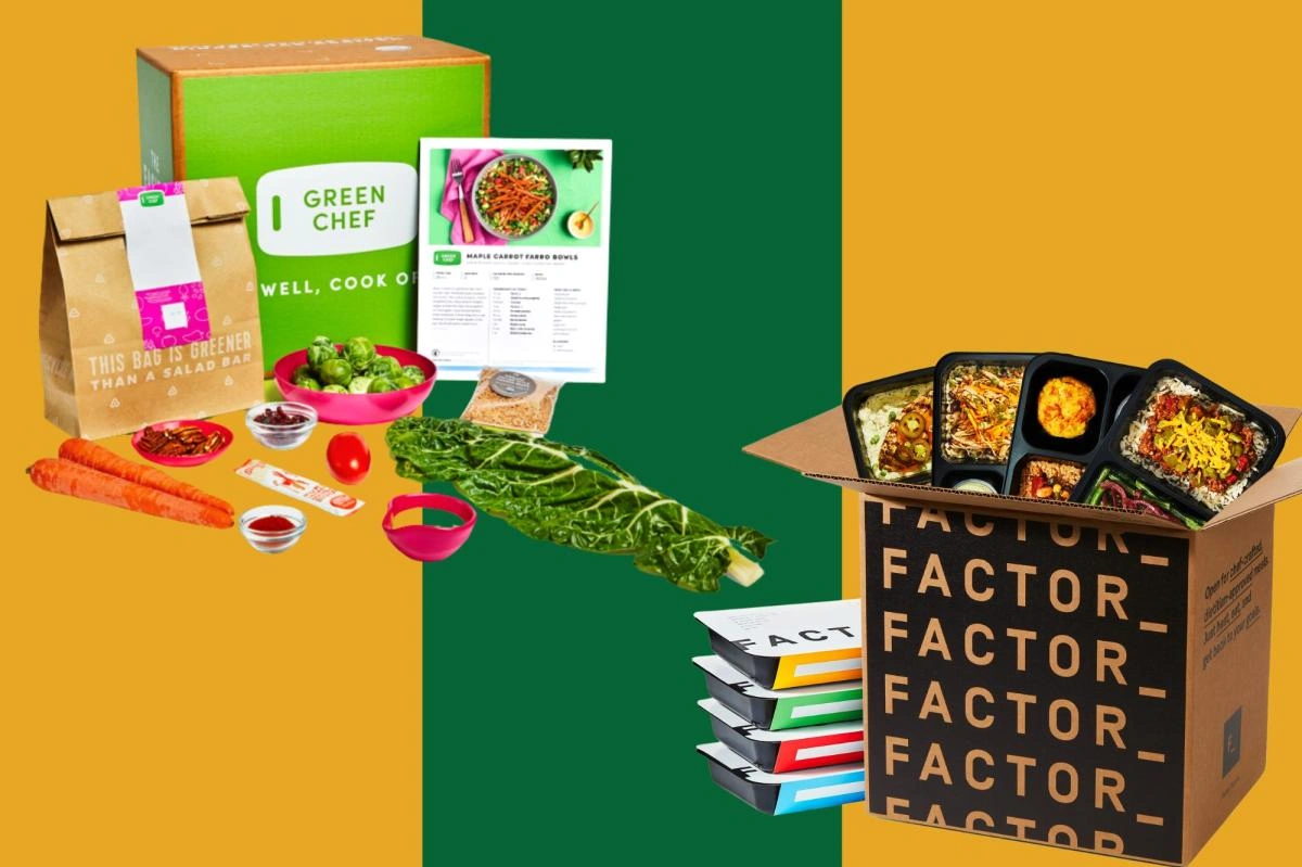 Green Chef and Factor meal delivery kits with fresh ingredients and prepared meals against a split yellow and green background.