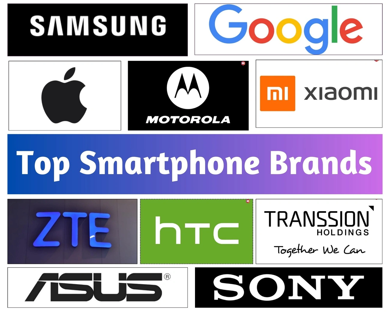 Collage of top 20 smartphone brand logos in 2025 including Samsung, Google, Apple, Motorola, Xiaomi, ZTE, HTC, Transsion, Asus, and Sony.