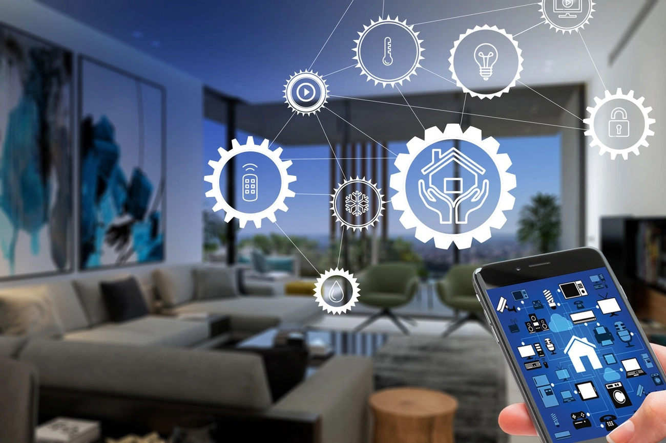 Smart home technology icons connected above a modern living room with a hand holding a smartphone controlling devices.