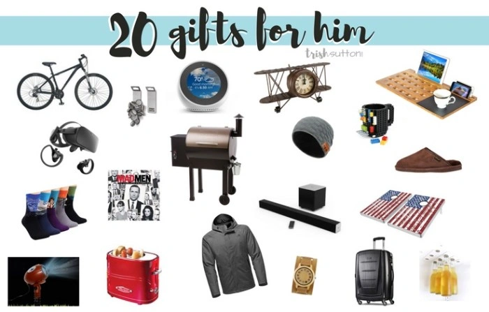 Collage of 20 diverse gift ideas for men including gadgets, apparel, and accessories by Trish Sutton.
