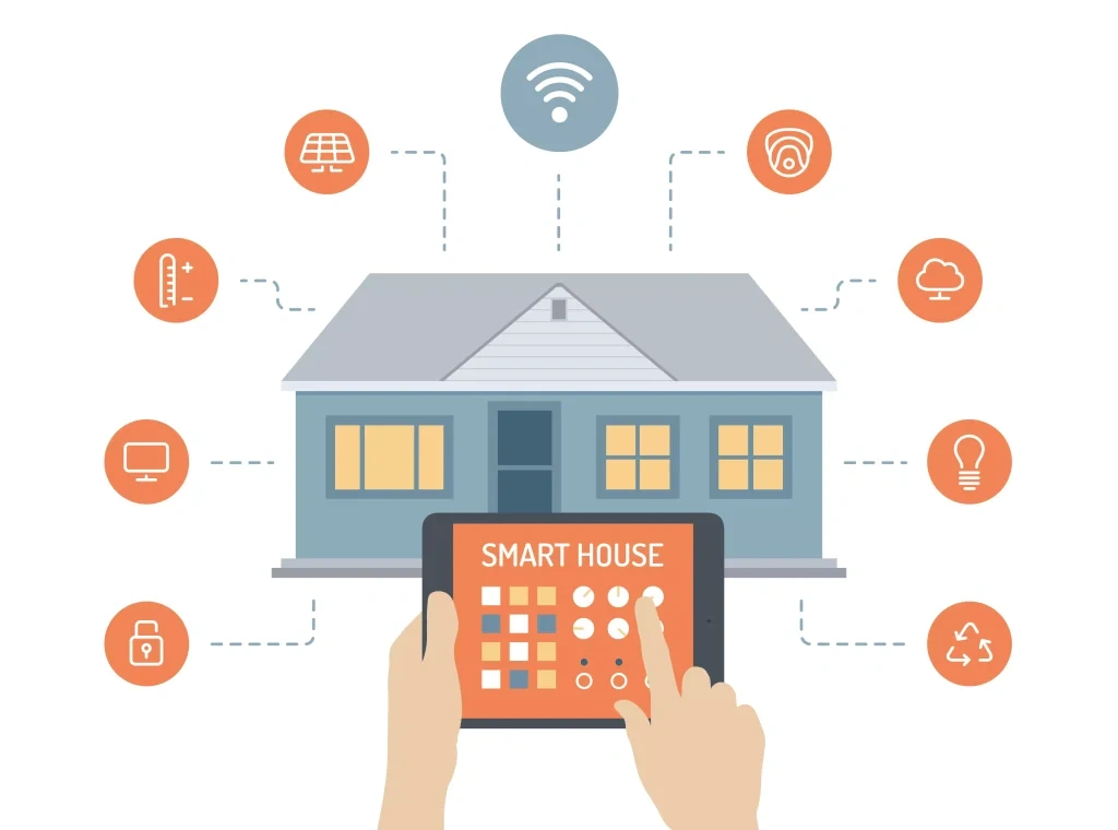 Illustration of smart home controlled by a tablet showing connected devices like lighting, security, and energy management.