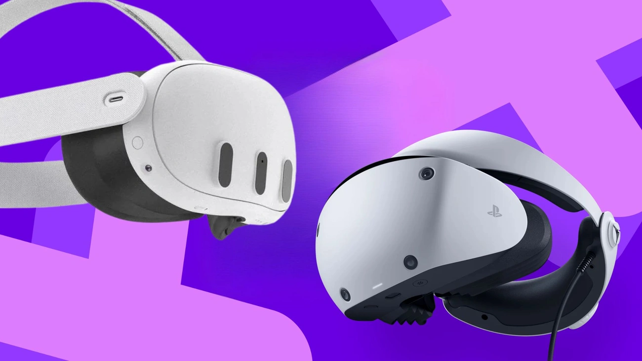 Two advanced white VR headsets against a purple background, showcasing the best devices of 2025.