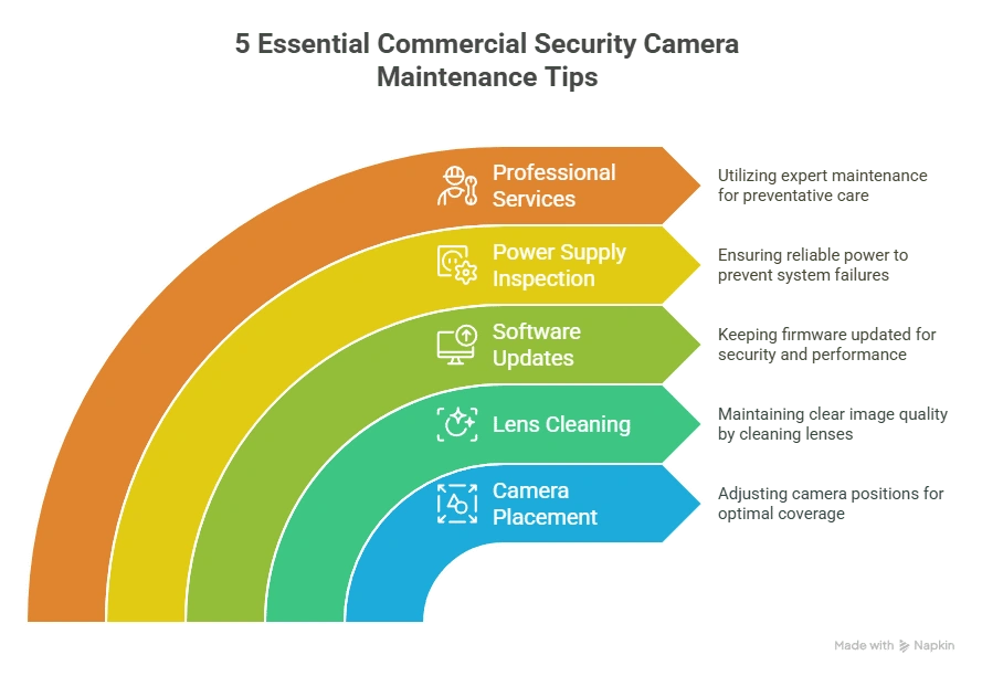 Infographic showing five essential commercial security camera maintenance tips including professional services and camera placement.