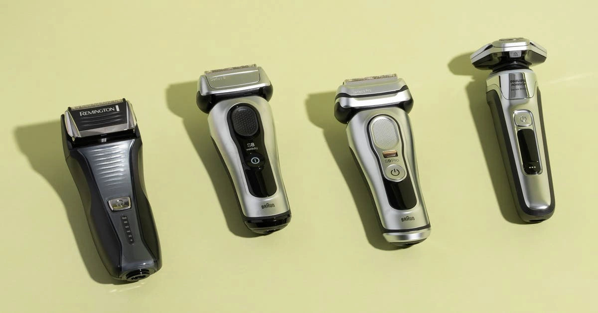 Four top electric razors of 2025 from Remington, Braun, and Philips displayed on a light green surface.