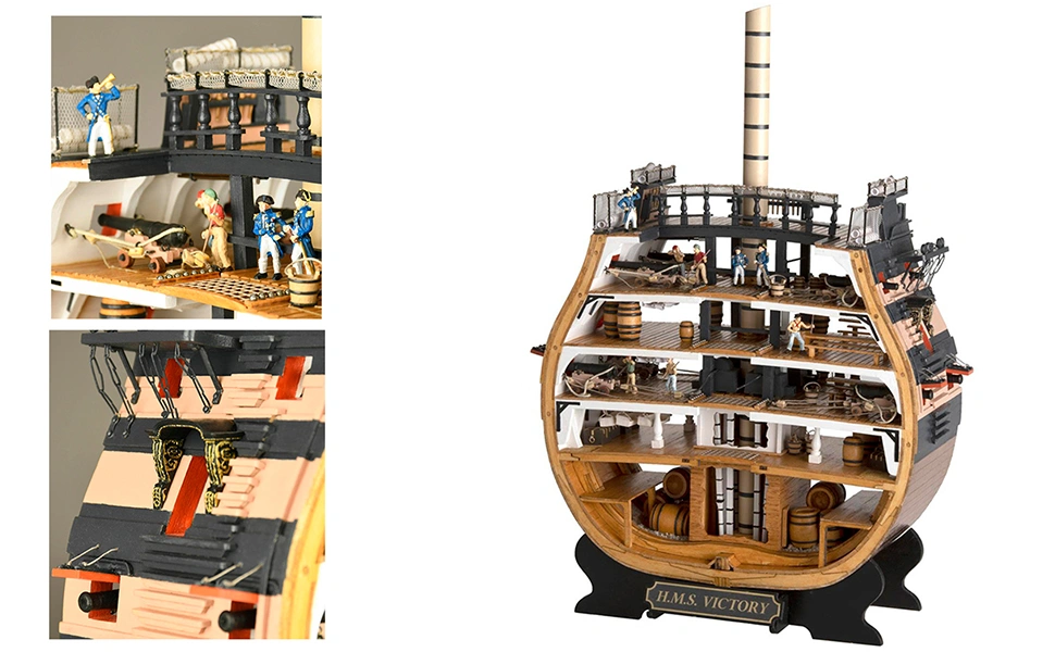 Cutaway wooden model of HMS Victory showing detailed decks, cannons, and miniature sailor figures for naval modeling beginners.