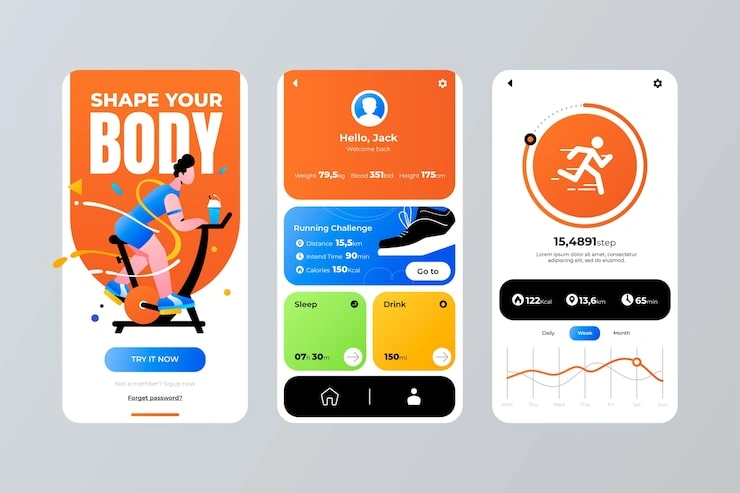 Three fitness app interface templates showing workout motivation, user stats, and step tracking features.