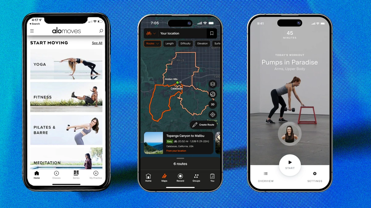 Three smartphones displaying workout apps for yoga, running routes, and strength training exercises.