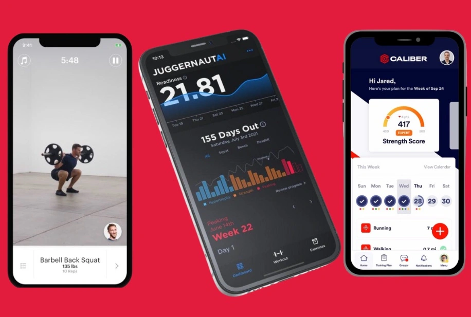 Three smartphones display workout apps showing a barbell squat video, performance graphs, and a strength score dashboard.