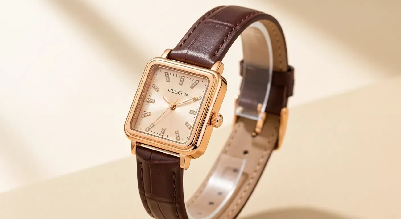 Elegant women's luxury square watch with gold-tone case and brown leather strap, featuring crystal hour markers.