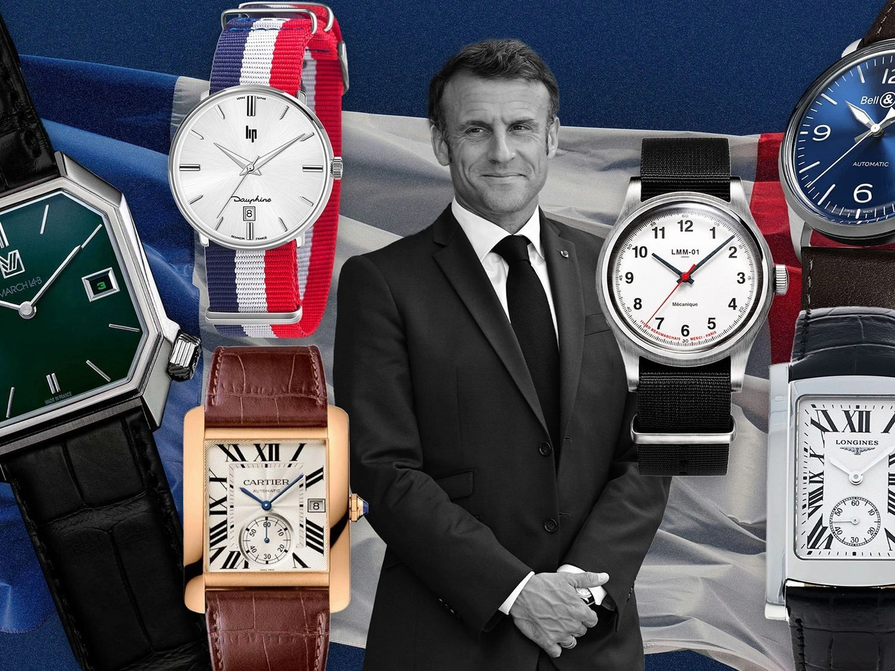 A collage of luxury watches including Cartier, Lip, Longines, and Bell & Ross surrounding a suited man in front of a French flag.