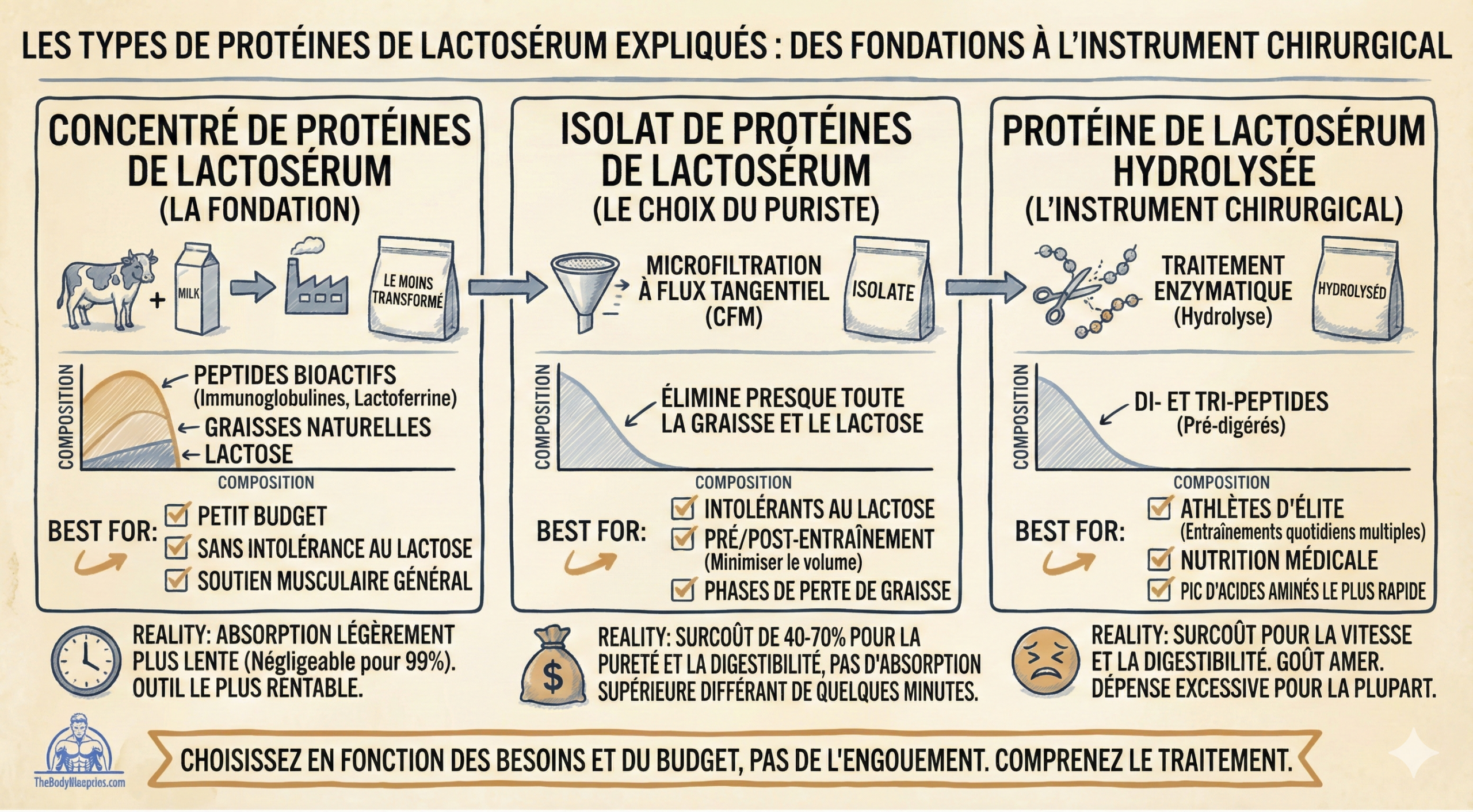 Comparison of whey protein types: concentrate, isolate, and hydrolyzed, highlighting composition, benefits, and realities.