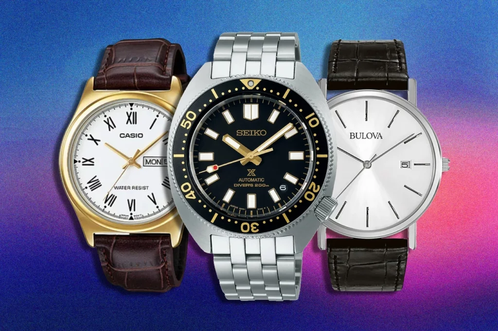 Three affordable watches from Casio, Seiko, and Bulova against a blue and pink gradient background.