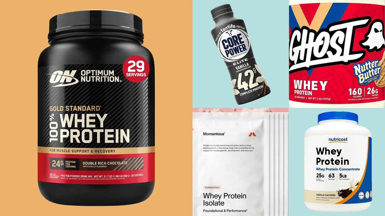Collage of five popular whey protein powders for muscle gain, including Optimum Nutrition and Ghost brands.