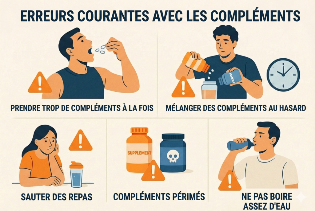 Illustrations showing common gym supplement mistakes like overdosing, mixing supplements, skipping meals, expired pills, and dehydration.