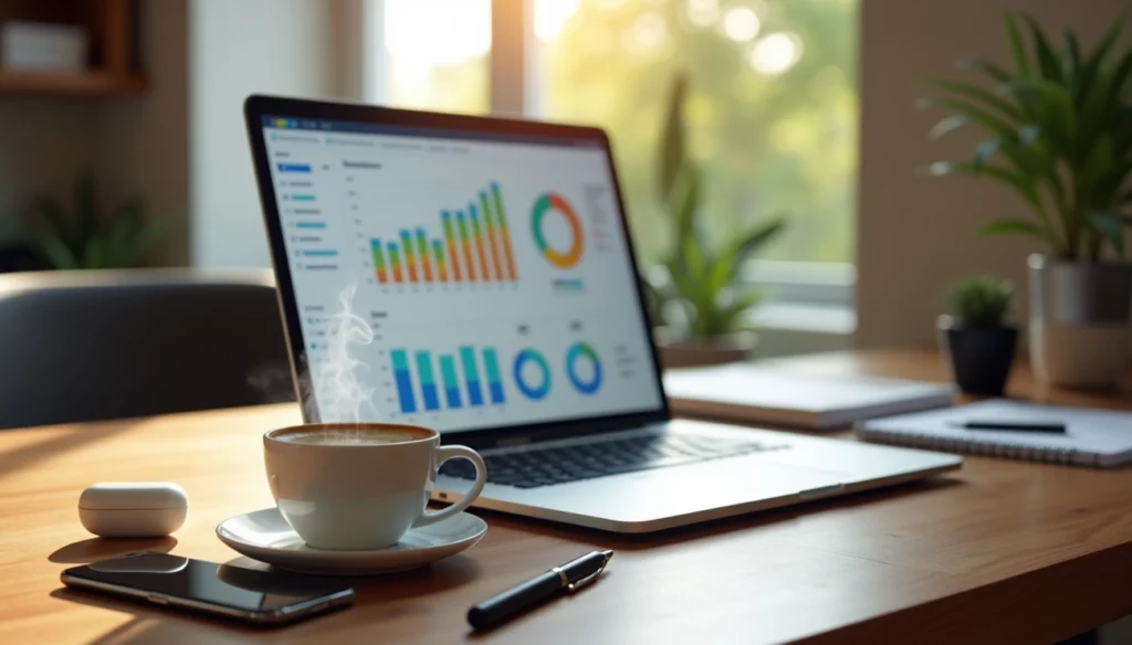 Steaming coffee cup next to a laptop displaying colorful data charts on a bright office desk with plants.
